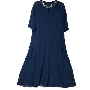 Mother of The Bride Dress Navy Blue Silver Sequins Tiered Lined Midi NEW Medium
